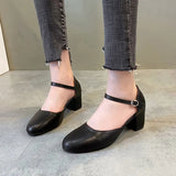 Women In High Heels 2023 New Round Head, Simple, Shallow, Single Shoes, Buckle, Thick Heels, Medium Heels, High Heels In Four