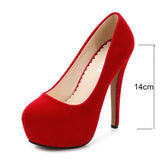 High Heels Shoes Flock Platform Heeled Shoes Pumps Women Night Club Thin Heel Sexy Plus Big Size 14cm Black Red