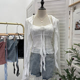 Real Shooting Pure Lust Style Set Hanging Neck Lace Hollow Sling Sling Vest + Short Lotus Leaf Side Shirt