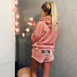 Fuzzy Hooded Sweatshirt with Ears Suit Women Letter Printed Coral Velvet Pajama Two Piece Set Cat Print Home