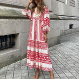 Summer Women New Fashion Casual Patchwork Printed Puff Sleeves Long Dress Elegant Slim V Neck Streetwear Elegant