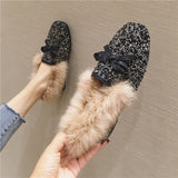 big size rabbit fur winter flat shoes woman silver/pink glitter fluffy flats crystal bowtie moccasins female fur loafers