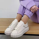 Women New Autumn Pu Leather Lace-Up Sneakers Solid Thick Sole Platform Skateboard Shoes Metal Chain Casual Vulcanized