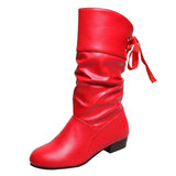Breakj Autumn And Winter Large-Size Knight Boots Low And Round Head After The Tie With Warm Mid-Sleet Boots