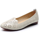 Breathable Genuine Leather Summer Shoes Woman 2021 Flat Heel Hollow Out Flats Slip On Shoes For Women
