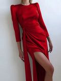Satin Women Dress O Neck Long Sleeve Ruched High Split Ankle-Length Autumn Sexy Elegant Club Partywear Night
