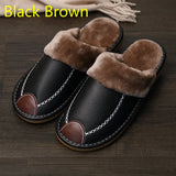 Leather Slippers Winter PU Leather Slippers Warm Indoor Slipper Soft Waterproof Home House Shoes Men Warm Leather