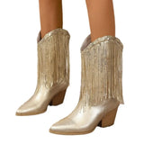 Breakj Mid-Clinity Fashion Boots Women Large-Size Retro Coarse And Folded Feet V Mouth Western