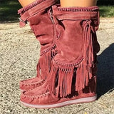 Boots Woman Pleated Tassel Mid-calf Boots Womens Sewing Footwear Buckle Leather High Heels Shoes Female Plus Size