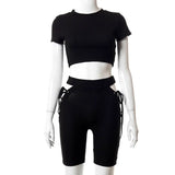 Puss Ribbed Fitness Women Tracksuit Matching Set Short Sleeve+Bandage Hollow Out Biker Shorts Sporty Casual 2Piece