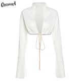 fashion v-neck fashion drawstring bandage y2k tops casual Turtleneck fashion harajuku streetwear split long sleeve