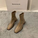 High-Heeled Square Head Thin French Short Boots Women's Shoes 2024 New Spring And Autumn Single Boots Brown Martin