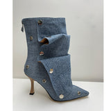 Breakj New High Heel Pointed Metal Rivet Jeans Splicing Two Wear Pile And Knee Boots Large Size Women's