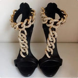 T-Strap Chain High Heel Sandals Gold Metal Studded Gladiator Heels Sandals Women Peep Toe Cut-out Shoes Black Plus Size