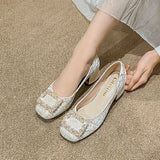 Women Pumps Pearl Thick Mid Heel Women's Shoes 2024 Square Toe New Autumn Casual Large Women's Shoes 41-43 Zapatillas