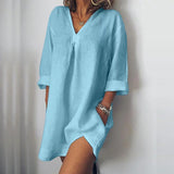 Plus size Pocket Half Sleeve Cotton Linen Dress Women 2019 Summer sexy V-neck split Mini Dresses Femme beach style Dress