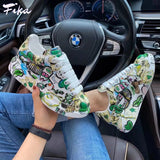 New Thick-soled Increased Women's Sports Shoes Women Casual PU Leather Hand-painted Graffiti White Shoes Outdoor