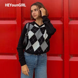 Autumn Black V Neck Vintage Knit Sweater Casual Argyle Plaid Jumper Women 90s Preppy Style Long Sleeve Pullover