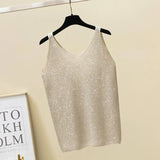 shiny Knitted Top Summer v-neck diamonds Tank top Women Slim Top Female bling sleeveless t-shirt Vest