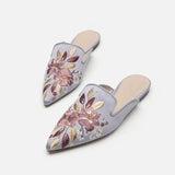 Embroider Floral Shoes Ladies Pointed Toe Slippers Silk Mules Woman Low Heels Slides Flat Sandals Femmes Outside