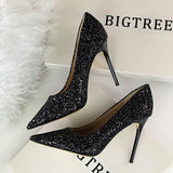 Breakj Women's Shoes High Heel Shallow Pointed Shining Sequins Sexy Thin Nightclub High