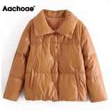 PU Leather Parkas Fashion High Street Solid Faxu Leather Coats Elegant Winter Thick Cotton Jackets Loose