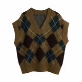 V Neck Rhomboid Pattern Knitting Sweater Female Sleeveless Pullover Casual Lady Loose Tops