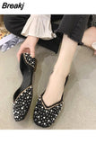 Crystal Pearl Studs Ballet Shoes Women Square Toe Slip on Loafers Cozy Shallow Cut-out Ballerina Flats Moccasins