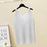 shiny Knitted Top Summer v-neck diamonds Tank top Women Slim Top Female bling sleeveless t-shirt Vest