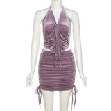 Lace Up Cropped Top Two Pieces Sets Drawstring Sleeveless Waist Top And Beachwear Sexy Velvet Suits With Skirts