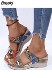 New Summer Women Sandals Leopard Mid Heel Platform Wedges Ladies Shoes Snake Patterns Peep Toe Female Casual Roman