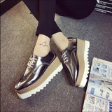 Spring Casual Solid Flat Women Shoes Patent Leather Lace-Up Loafers Flat Platforms British Style Ladies