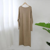 O Neck Knitted Dress Women Batwing Long Sleeve Basic Casual Straight Dress Soft Home Style Lady Long Dresses