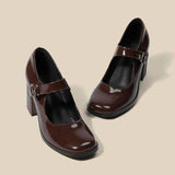 New Mary Jane Shoes Female Retro English Style Hepburn Black High Heel One-Word Buckle Thick Heeled Square Head Single Shoe