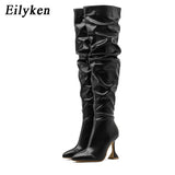 New Design Pleated Leather Over The Knee Boots Fashion Runway Strange High Heels Sexy Pointed Toe Zip Womans