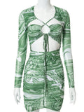 Print Mini Dress For Woman Hollow Out Lace Up Long Sleeve Green Women Holiday Sexy Bodycon Fashion Autumn Dresses