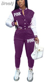 Pink Printed Baseball Coat Pants Two Piece Sets Spring Fall Outfits Womens Track Suits Casual Fashion Streetwear