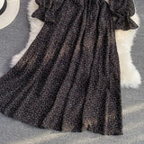 New Summer Casual Ciffon Single Breasted Puff Sleeve Women mid-Calf Dresses A Line V Neck Solid Slim Lady Full