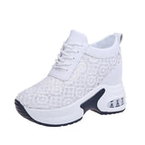 White Shoes Breathable Mesh Chunky Platform Sneakers Summer Ladies Lace Floral Hollow Out Wedge Heels Casual Footwear