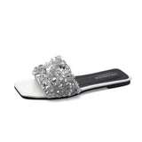 Breakj Rhinestone Flat Bottom Slippers Female Summer New One Foot Pedal Home Broken Diamond Slippers