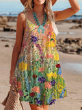 Spring O Neck Loose Sling Beach Dress Sexy Off Shoulder Hollow Boho Dress Women Retro Pattern Print Patchwork Summer Mini