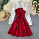 Women Casual Shirt Dress Spring Autumn Turn-down Collar Patchwork Button A-line Dress Sweet Female