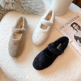 Fur Mary janes shoes woman round toe ankle strap furry loafers 34-43 big size warm plush winter shoes female cotton