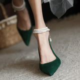 Heel Shoes Woman Pointd Toe Spring Autumn Elegant Pumps French Style Vintage Pumps Slip On Ladies Summer Pearls