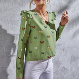 Spring Autumn Hot Deals Women Long Sleeve Tops Lady Fashion Slim Pullover Shirts Elegant V-neck Butterfly Pattern Chiffon