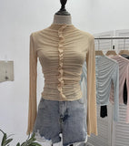 Real Shooting 2024 New Hot Diamond Half-High Collar Perspective Thin-Bottomed Shirt Mesh Top Beautiful Chic Shirt
