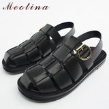 Shoes Women Genuine Leather Gladiator Sandals Round Toe Flats Buckle Ladies Footwear 2022 Summer Black Big Size