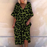 Women Office Autumn V Neck Loose Boho Dress 2022 Summer Short Sleeve Maxi Beach Dresses Elegant Leopard Print Long Party