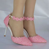 Lace Flowers Women Wedding Shoes Wristband Bride Shoes One Word Buckle Thin Heels Ladies High Heels wedding shoes