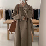 Women Elegant Office Long Wool Coat With Belt Long Sleeve Double Breasted Coat Overcoat Female Chic Outerwear
